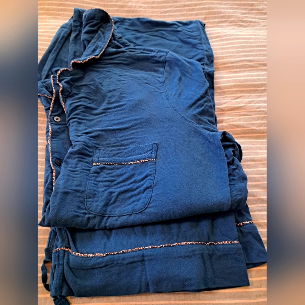 Navy Blue Pajama Set with Leppord Trim